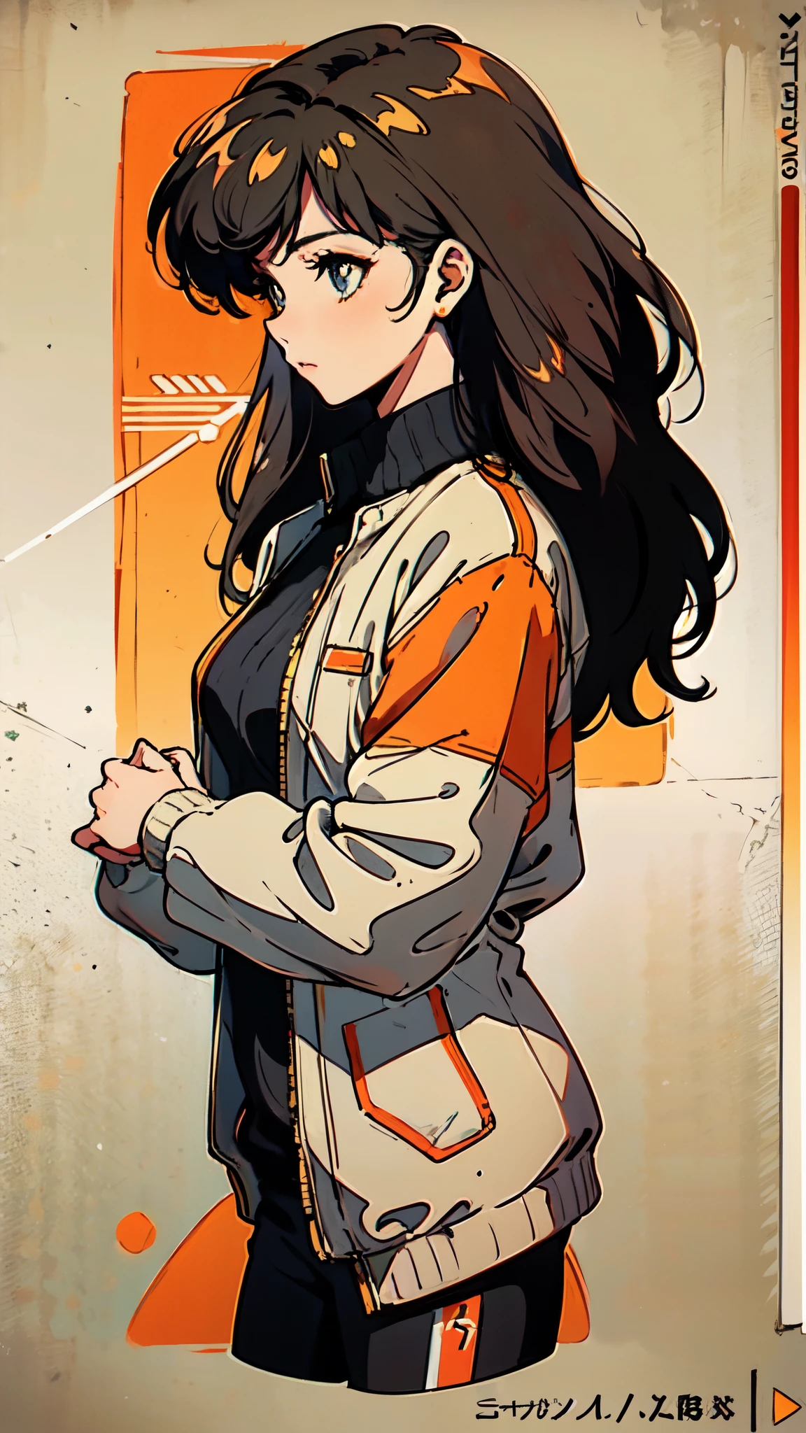Category Name: JACKET
Background: Beige paper texture
Main Image: Illustration of a gray jacket, front and side view
Accent Color: Orange
Accent Shapes: Orange grid pattern, hand-drawn arrows, large orange "J"
Link Destination: https://vieuxetnouveau-shop.com/collections/jacket