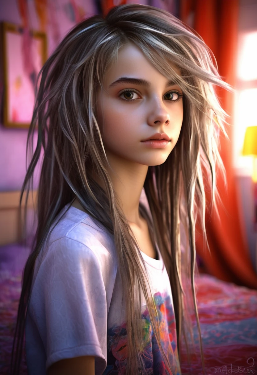 13 year old girl in her bedroom, with big toys ,skinny, slim, strange, Gentle, hair decoration , very detailed realistic texture, digital painting, very detailed photo