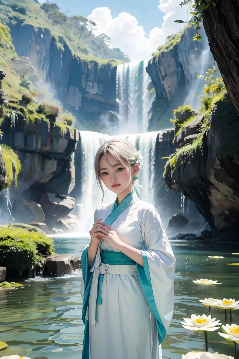 Highly detailed film water and ocean palette, a bald female monk standing at the water's edge in white Hanfu, a huge green snake, a huge lotus flower in white, a very tall waterfall, exquisite facial details, spotlights, perfect composition, surreal, ultra-detailed, 8k, high quality, clear focus, intricate details, highly detailed, dynamic lighting, detailed and complex environment,