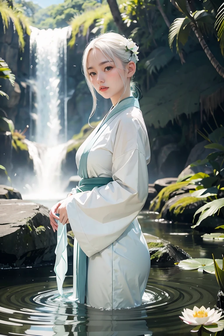 Highly detailed film water and ocean palette, a bald female monk standing at the water's edge in white Hanfu, a huge green snake, a huge lotus flower in white, a very tall waterfall, exquisite facial details, spotlights, perfect composition, surreal, ultra-detailed, 8k, high quality, clear focus, intricate details, highly detailed, dynamic lighting, detailed and complex environment,