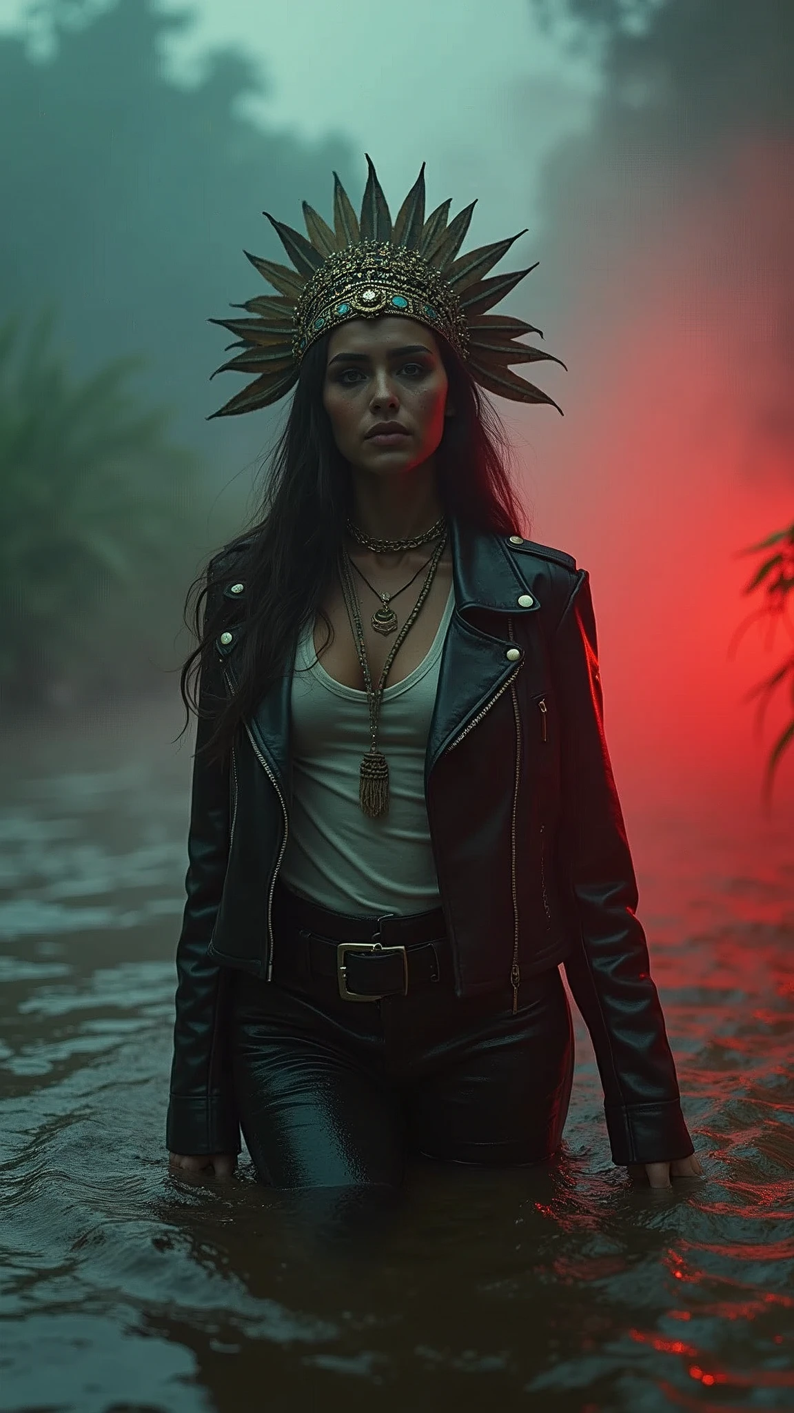 grainy film photo, documentary drama portrait, a woman in high heels and wetlook flared jeans and t-shirt and biker jacket, desperate stuck in bog, victim of ritual, sexy posing, seductive posing, wearing a beautiful headdress and traditional indigenous makeup, red fog, blue, green