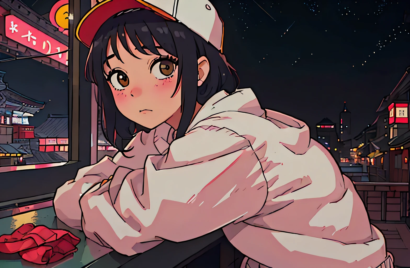 Create a scene of a 16-year-old shy girl playing at an arcade,A lonely look,citypop, Short black hair,Wearing a baseball cap , and through the window you can see fireflies and a beautiful landscape full of stars 夜に, Characters with detailed faces, hands and hair,Illustration Style、Ukiyo-e、((girl))、Tokyo、Soft Touch、((Modern))、winter、High resolution, samba, Latina,Rainy night,Tokyo、CUTE