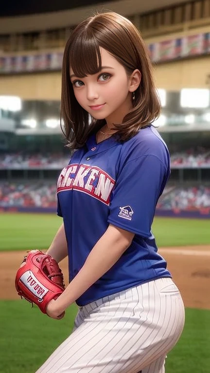 baseball Ground、(Baseball Uniforms、Baseball Costumes、Baseball Cosplay、Baseball outfit、Baseball Costume、Sexy college girl)、1 girl、Medium breast、Bob Hair、masterpiece:1.3、Raw photo、Highest quality、Highest quality、Detailed image quality、Detailed Background、On the mound、