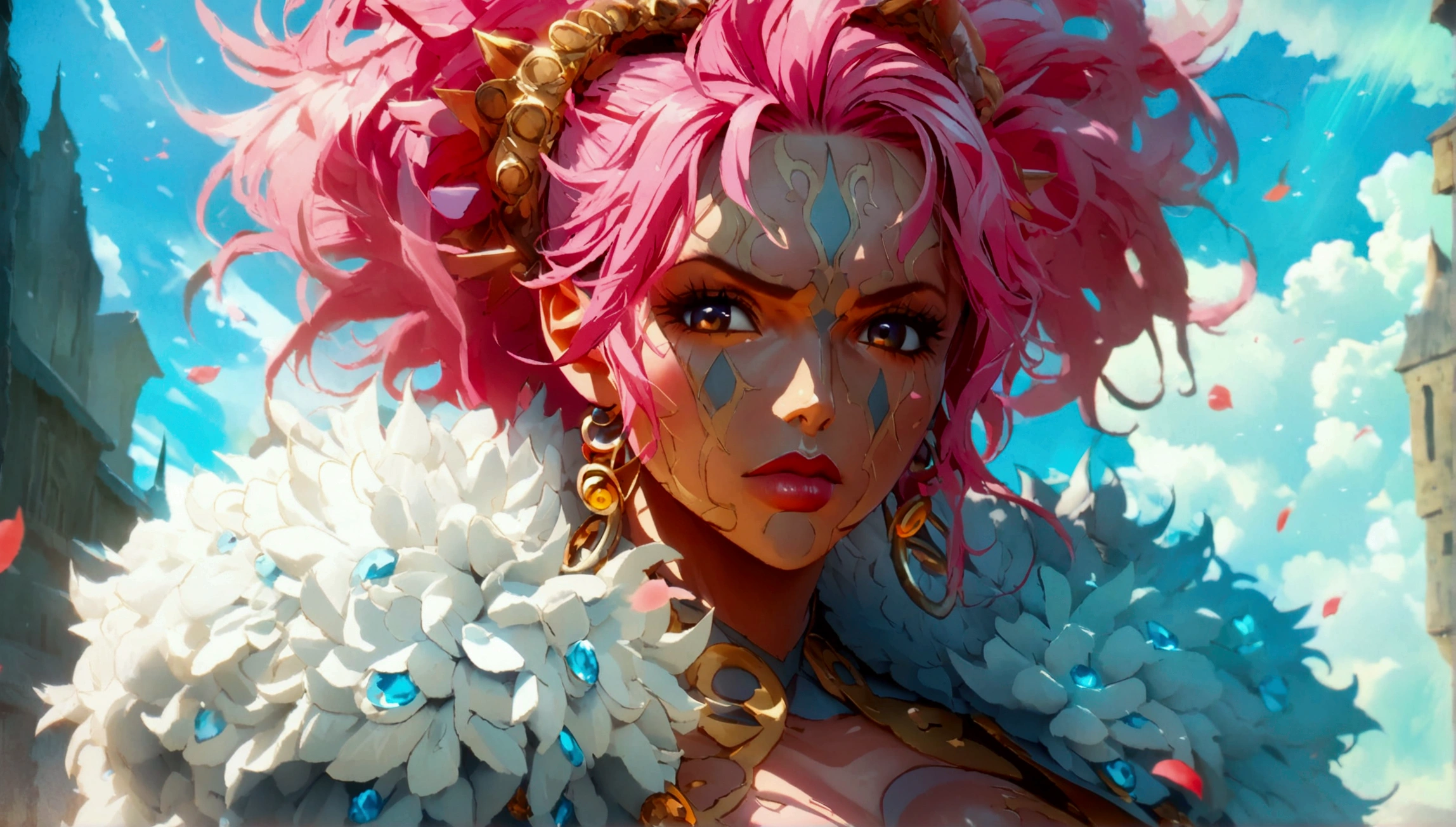 Large muscular woman, spiky pink hair, scarred body, luxurious oversized coat with high collar, bright daytime scenery, "One Piece-inspired anime character design, dramatic and impressive lighting, centered character focus, impressive face, full of creative details, ultra-fine 2D design, scenery bathed in creativity, boasting 2D anime resolution clarity, HD anime graphics, high-octane rendering"