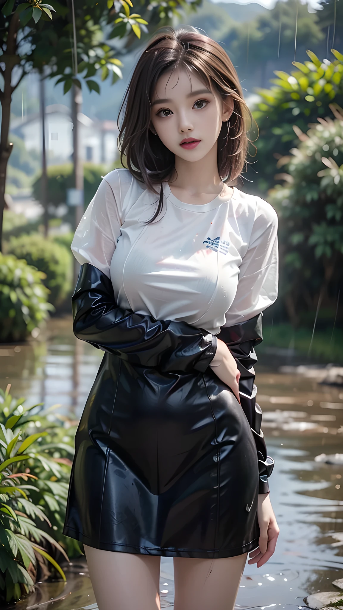 ulzzang-6500-v1.1, (RAW photo: 1.2), (Real photo), (Real photo: 1.4), 1 girl、Perfect anatomy、19 years old、Looking at the camera、Medium length hair, Wet hair in the rain, uniform dress, ((in the mountains, in the rain: 1.1)), (Soaked clothes: 1.2), (Business service)、Asian eyes Ella,