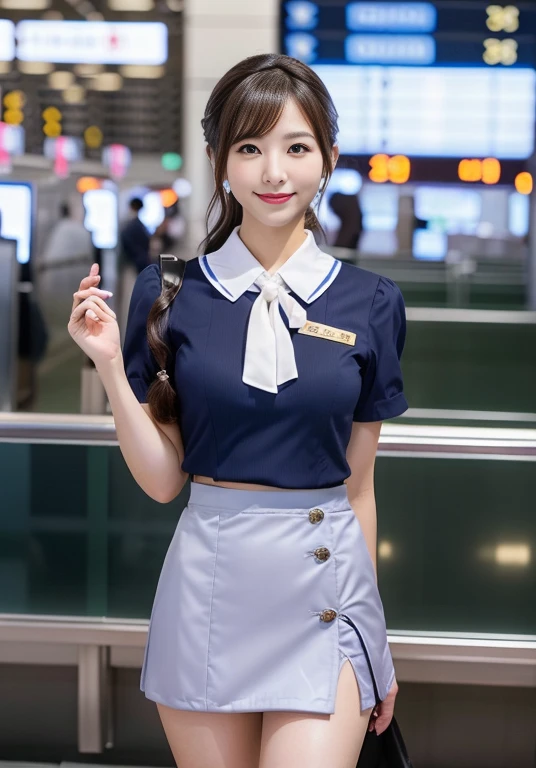 Very beautiful Japanese female stewardess、Age 25、Perfect beauty、Perfect Style、smile、detail、(((stewardess costume))), (((mini skirt))), (hi-res: 1.1)), (((At the concourse of the international airport))), (((Hair style: chignon))), looking at the camera、Cowboy Shot、