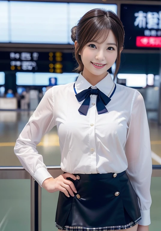 Very beautiful Japanese female stewardess、Age 25、Perfect beauty、Perfect Style、smile、detail、(((stewardess costume))), (((mini skirt))), (hi-res: 1.1)), (((At the concourse of the international airport))), (((Hair style: chignon))), looking at the camera、Cowboy Shot、