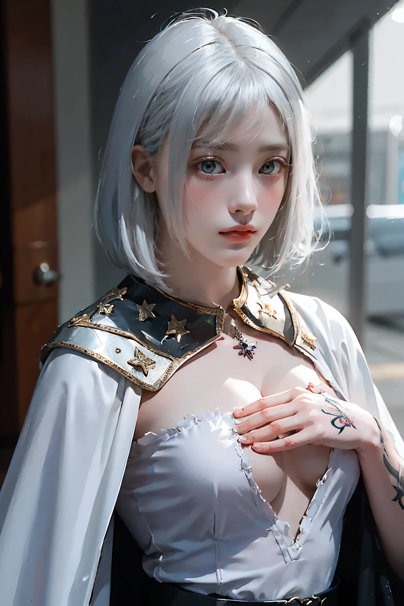 ((Close-up of a woman with tattoos on her chest)), girl, ((Short white hair with bangs, Black strands of hair)), Purple eyes, White T-shirt and white cape, Pendant around the neck. 超High resolution.Realistic. 超High resolution.Realistic:1.4,超High resolution. Realistic，High resolutionで, masterpiece, Highest quality, Very detailed, Better Shadows, Volumetric lighting), super high quality, High resolution, 8k, Ultra-Realistic Portraits , Realistic, Dynamic Lighting, Volumetric lighting, Very detailed顔,(NSFW:0.8),Large Breasts