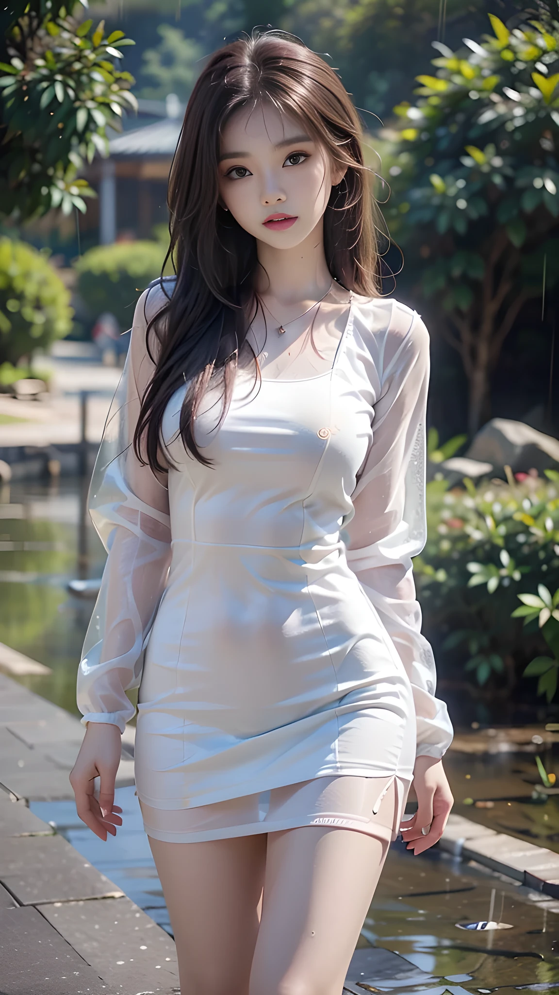 ulzzang-6500-v1.1, (RAW photo: 1.2), (Real photo), (Real photo: 1.4), 1 girl、Perfect anatomy、19 years old、Looking at the camera、Medium length hair, Wet hair in the rain, dress, ((in the mountains, in the rain: 1.1)), (Soaked clothes: 1.2), (Business service)、Asian eyes Ella,