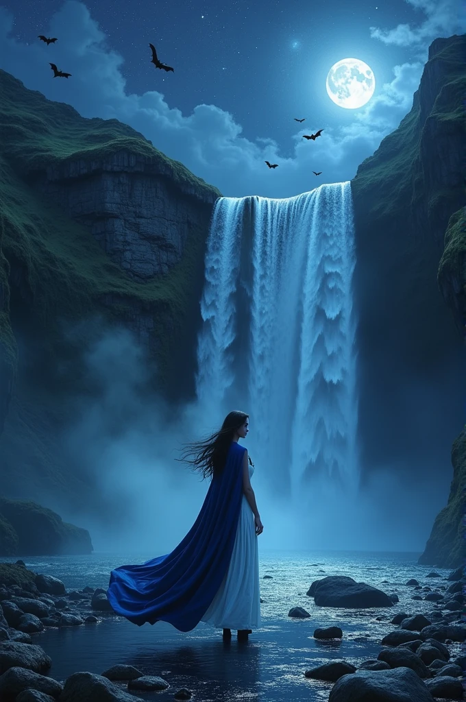 a ((facial portrait: 1.6)) of an exquisite beautiful female vampire standing under the starry night sky at the base of the waterfall, dynamic angle (ultra detailed, Masterpiece, best quality), ultra feminine, (black skin: 1.3),  dynamic hair color, wavy hair, dynamic eyes color, cold eyes, glowing eyes, intense eyes, dark red lips, wearing white dress (ultra detailed, Masterpiece, best quality), wearing blue cloak (ultra detailed, Masterpiece, best quality), long cloak, flowing cloak (ultra detailed, Masterpiece, best quality), wearing high heeled boots,  water coming down from a mountain, multi level water falls, several pools created in different levels, forming new waterfalls, water cascading into a pool steam rising, clear water in many hues of blue and azure falling, ultra best realistic, best details, best quality, 16k, [ultra detailed], masterpiece, best quality, (extremely detailed), ultra wide shot, photorealism, depth of field, hyper realistic painting, sky full of stars background, moon, bats flying about, high details, best quality, 8k, [ultra detailed], masterpiece, best quality, (ultra detailed), full body, ultra wide shot, photorealism, dark fantasy art, dark fantasy art, gothic art, many stars, dark fantasy art, gothic art, sense of dread, Intense gaze, magical sky