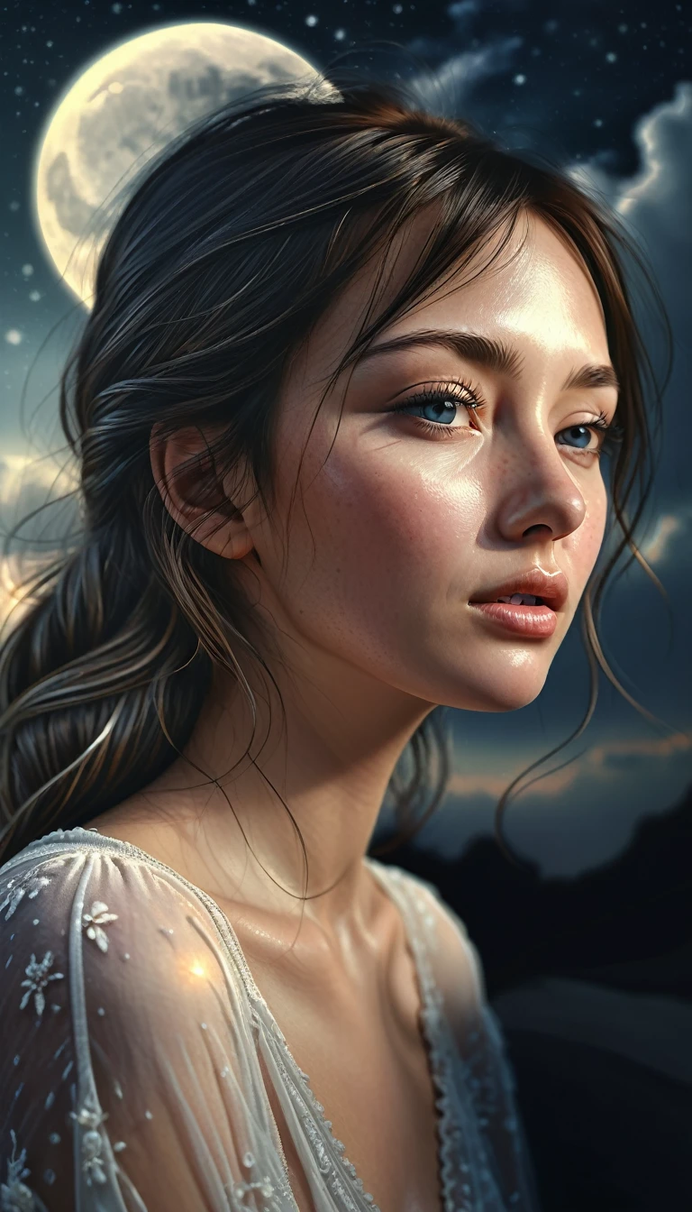 Moonlight confession, intricate detailed moonlight romantic couple, emotional dramatic lighting, beautiful flowing fabric, dreamlike ethereal atmosphere, delicate tender embrace, intense passionate connection, serene calming night sky,moonlight, soft glowing moonlight, stunning detailed background, atmospheric moody tones, photorealistic hyperrealistic style, (best quality,4k,8k,highres,masterpiece:1.2),ultra-detailed,(realistic,photorealistic,photo-realistic:1.37)