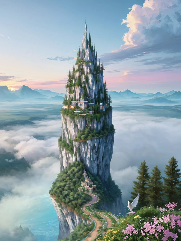masterpiece, 最high quality, high quality,Very detailed CG unity 8k wallpaper, Enchanting and dreamy fantasy forest scenery, Seven-Colored Garden, Valley of the Fairies with a River Flowing Through It, Mysterious and fascinating, Sky Blue Sky, White dove flies, Complex, sunset, pastel colour, Award-winning photography, Written boundary depth, High resolution, bloom, chromatic aberration ,Realistic,Very detailed, White cloud, Trending on CGSociety, Complex, Attention to detail, dramatic, art：The middle of a journey