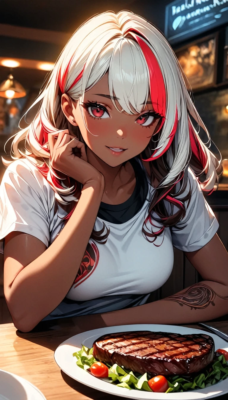 (highest quality:1.2, Very detailed, up to date, Vibrant, Ultra-high resolution, High Contrast, masterpiece:1.2, highest quality, Best aesthetics), Portraiture、girl、singer, solo, ((25-years-old:1)), Bright colors, Beautiful fine details、Beautiful lip detail、medium wave hair、red and white ((streaked hair:1.6)), highlights hair: 1.5, red eyes, slim body, medium breast, (tan skin:1.1), (Floral Fineline tattoo design on left arm:1), t-shirts, (eating thick steak with knife and folk:1), siting in table, steak dinner, salad, steak house, (upper body),