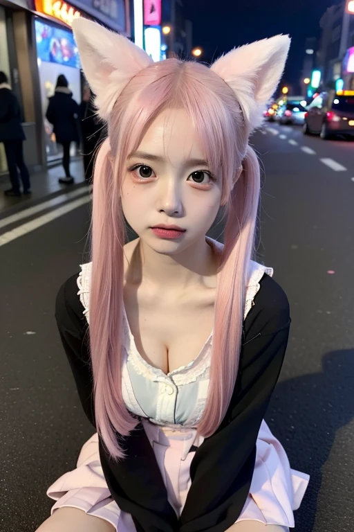 ,((Pink Hair))、((Pink Hair))、((Twin tails))、((Small fox ears))、((Highest quality、8k、masterpiece))、((Landmine Girl))Highest quality、Professional Writing、 Detailed workmanship、High resolution、(8k, High resolution:1.2)、(RAW Photos, Realistic:1.3)、masterpiece、Slim figure、High resolutionの顔、The face is in focus、High resolutionの目、(concentrated, Symmetrical pupils:1.2)、Slim figure、High quality and beautiful skin、Firm skin High definition hair texture、 (Japanese schoolgirl)、Unparalleled beauty、 、((On the streets of Kabukicho at night))、(((Summer JK uniform)))、(Sit on the ground:1.3), ((Keep your arms tight against your chest:1.3)), Very cute, (Very angry:1.3), (blush:1.3), (scared:1.3),( Troubled face)、Look up at the camera:1.2、(Shirt front opening:1.2), (Cleavage, Browsing Caution)