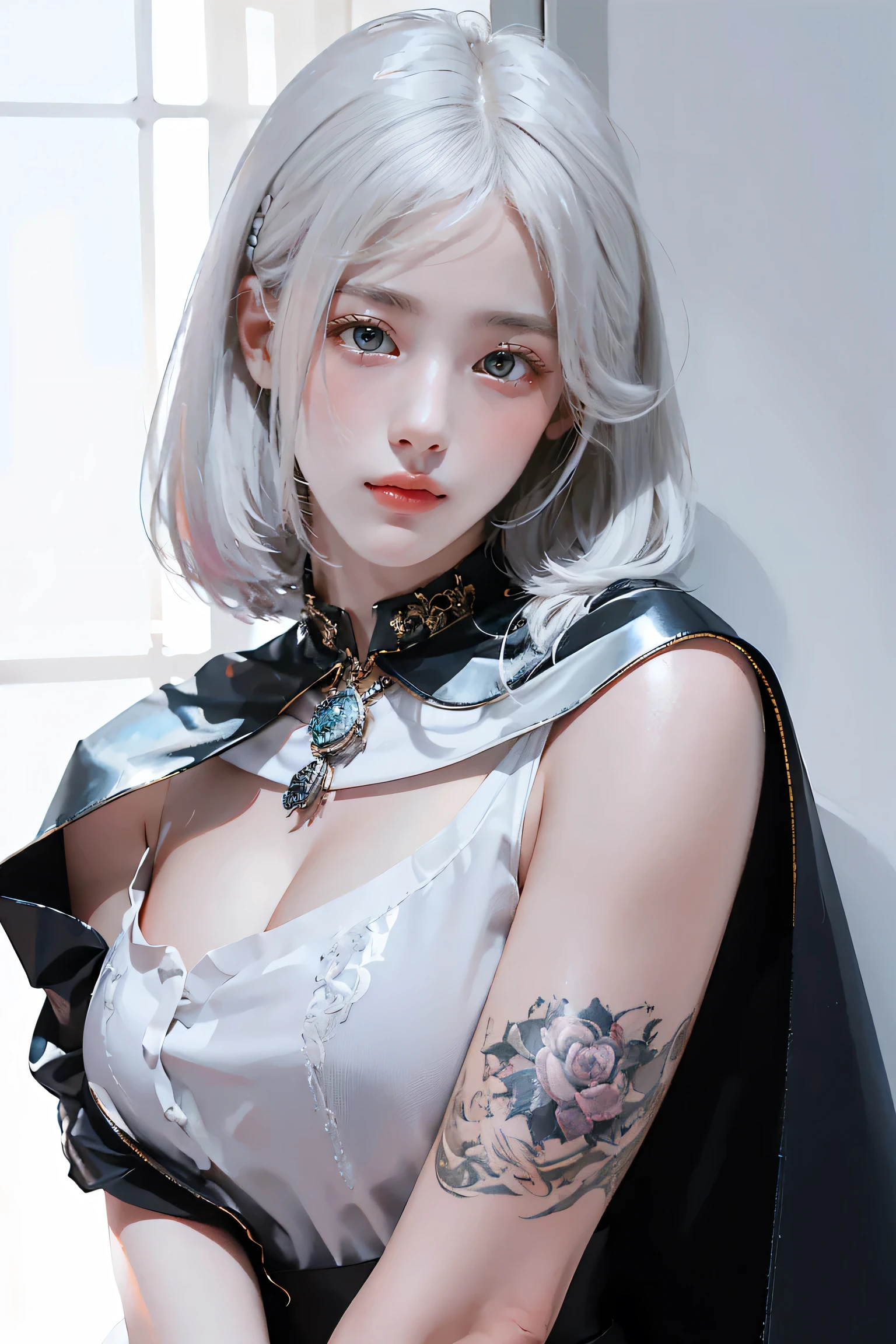 ((Close-up of a woman with tattoos on her chest)), girl, ((Short white hair with bangs, Black strands of hair)), Purple eyes, White T-shirt and white cape, Pendant around the neck. 超High resolution.Realistic. 超High resolution.Realistic:1.4,超High resolution. Realistic,High resolutionで, masterpiece, Highest quality, Very detailed, Better Shadows, Volumetric lighting), super high quality, High resolution, 8k, Ultra-Realistic Portraits , Realistic, Dynamic Lighting, Volumetric lighting, Very detailed顔,(NSFW:0.8),Large Breasts