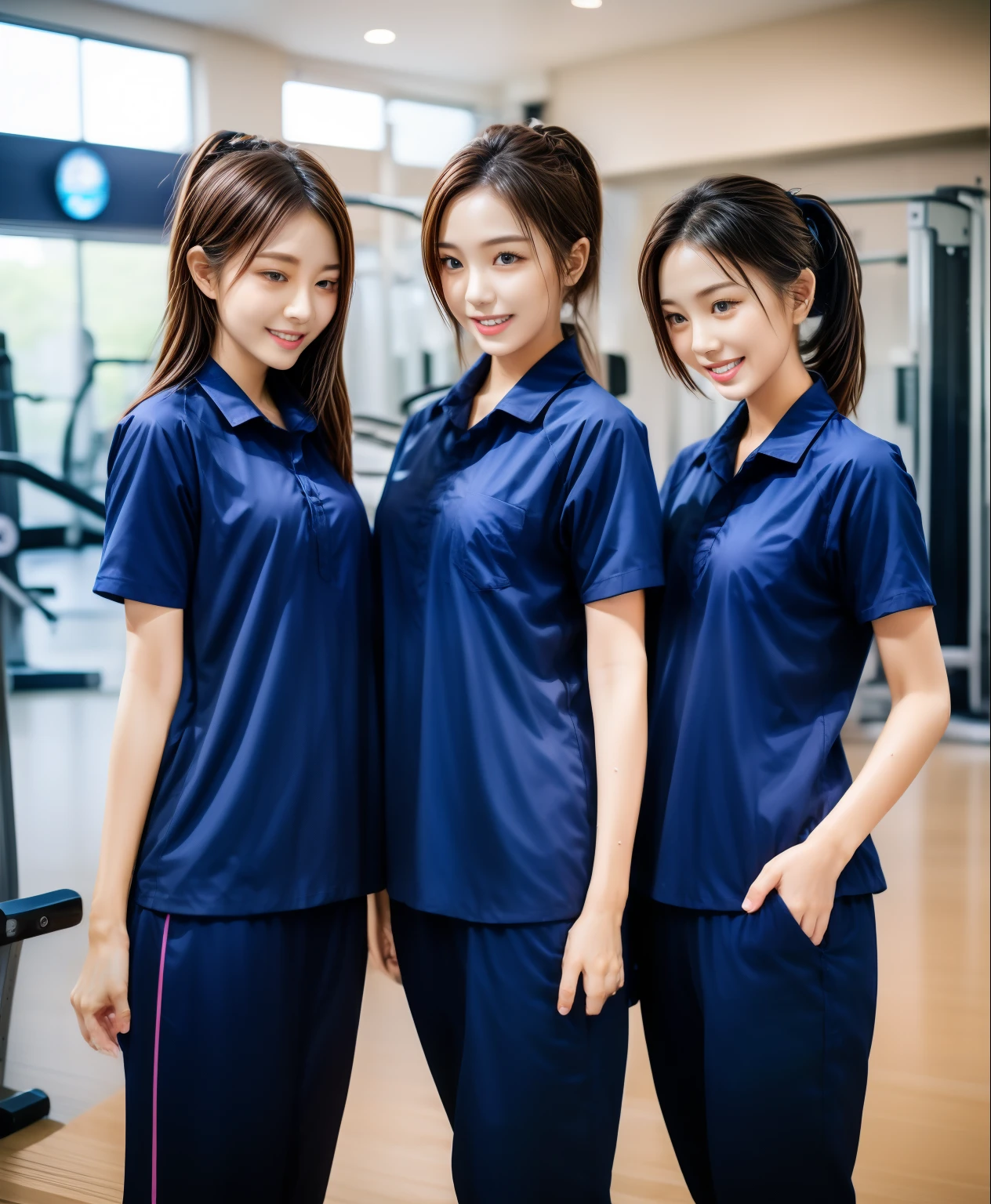 3 girls in fitness center, Navy blue short-sleeved shirt,Navy Long Trackpant,Sweatpants, Sweatpantsขายาว,25 year old girl, lesbian, sexy, exercise clothes, wet body, exercise clothes