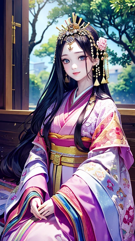 (Highest quality、 8k 、masterpiece、High resolution)、Heian period、A beautiful young woman from the nobility、、(Straight hair、Long, beautiful black hair),(Beautiful Face、Beautiful eyes、A neat nose、Pretty lips)、A friendly gaze、Faint smile、(Silver、gem、Ivory hairpin、Headdress)、(12 Single layer kimono、Mainly light pink Many colors Vibrant colors The beauty of layered colors),背景はHeian periodの建物、Official Art、Detailed CG、
