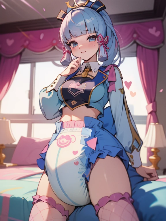 ayaka,wearing a big bulbous puffy diaper, heart emojis, bedroom, fishnet stockings, pretty eyes, seductive, flirty, colorful, puffy dress,  room, diapers, confetti, cake,Big 