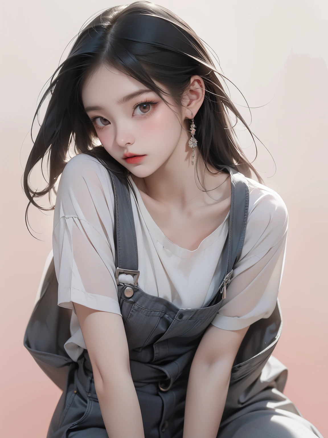 (masterpiece, Highest quality, One girl, alone, Intricate details, chromatic aberration), (Realistic), (顔のshape: Long face),(eye: きりっとしたeye, Cold Stare, eye shadow),(nose: nose筋のthinnose),(mouth: Neutral lips),(skin: 透明感のある白いskin), (shape: Wide Hips, Thigh Gap, Small breasts, thin), (Overall impression: Korean young woman), (Pink Blue Background), Leaning forward,