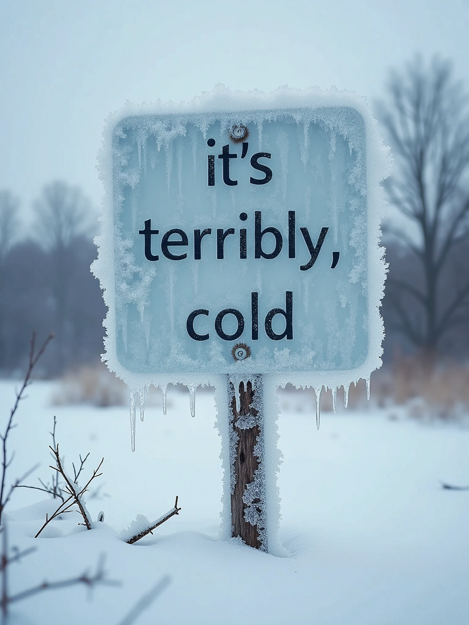 the sign is covered with ice,on which to write "it's terribly cold"