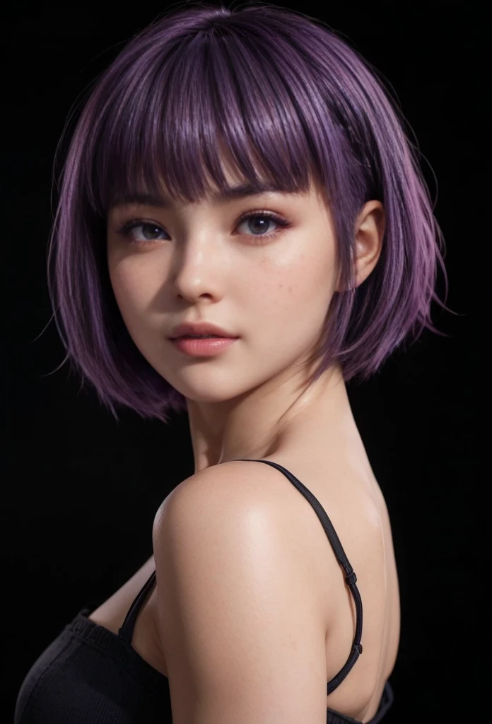 Ayane, purple hair, red eyes, (best quality, ultra-detailed), (realistic:1.37), beautiful and detailed face, ultra-realistic texture, delicate face, delicate body, red lipstick, long-lasting colors. high definition, 8K. expression with a sexy look