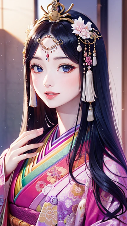 (Highest quality、 8k 、masterpiece、High resolution)、Heian period、A beautiful young woman from the nobility、、(Straight hair、Long, beautiful black hair),(Beautiful Face、Beautiful eyes、A neat nose、Pretty lips)、A friendly gaze、Faint smile、(Silver、gem、Ivory hairpin、Headdress)、(12 Single layer kimono、Mainly light pink Many colors Vibrant colors The beauty of layered colors),背景はHeian periodの建物、Official Art、Detailed CG、