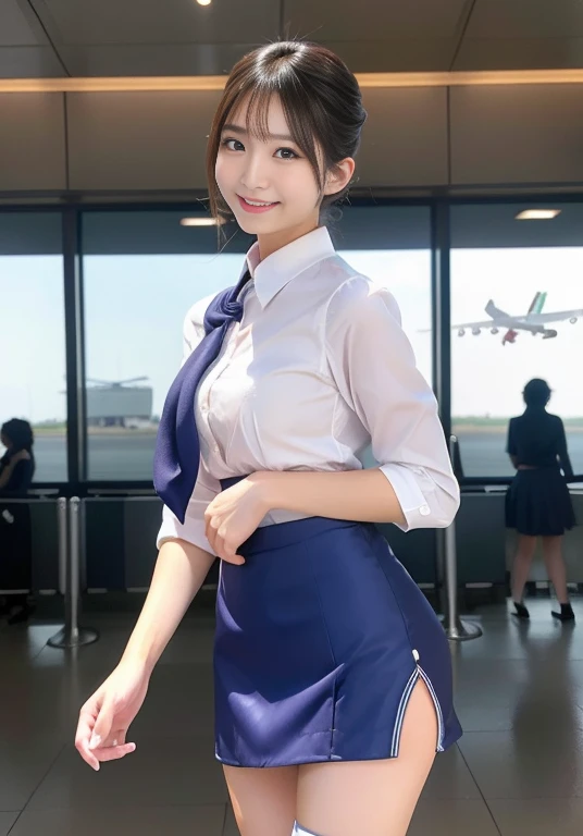 Very beautiful Japanese female stewardess、Age 25、Perfect beauty、Perfect Style、smile、detail、(((stewardess costume))), (((mini skirt))), (hi-res: 1.1)), (((On the runway of an international airport))), (((Hair style: chignon))), looking at the camera、Cowboy Shot、Panties are visible, 
