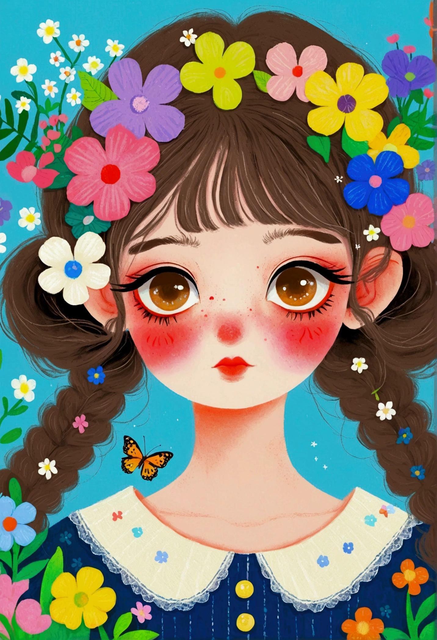A face full of flowers、Illustration of a cute little girl, big eyes，Two pigtails，The Art of Mathematics ，Hot trends, The Art of Mathematics, 采用数码Illustration style, The Art of Mathematics. The Art of Mathematics illustration, Flowers covering eyes, Flower-faced girl, Cute illustrations, The breath of spring, Illustration Art, Illustration style, Drawn in a whimsical style