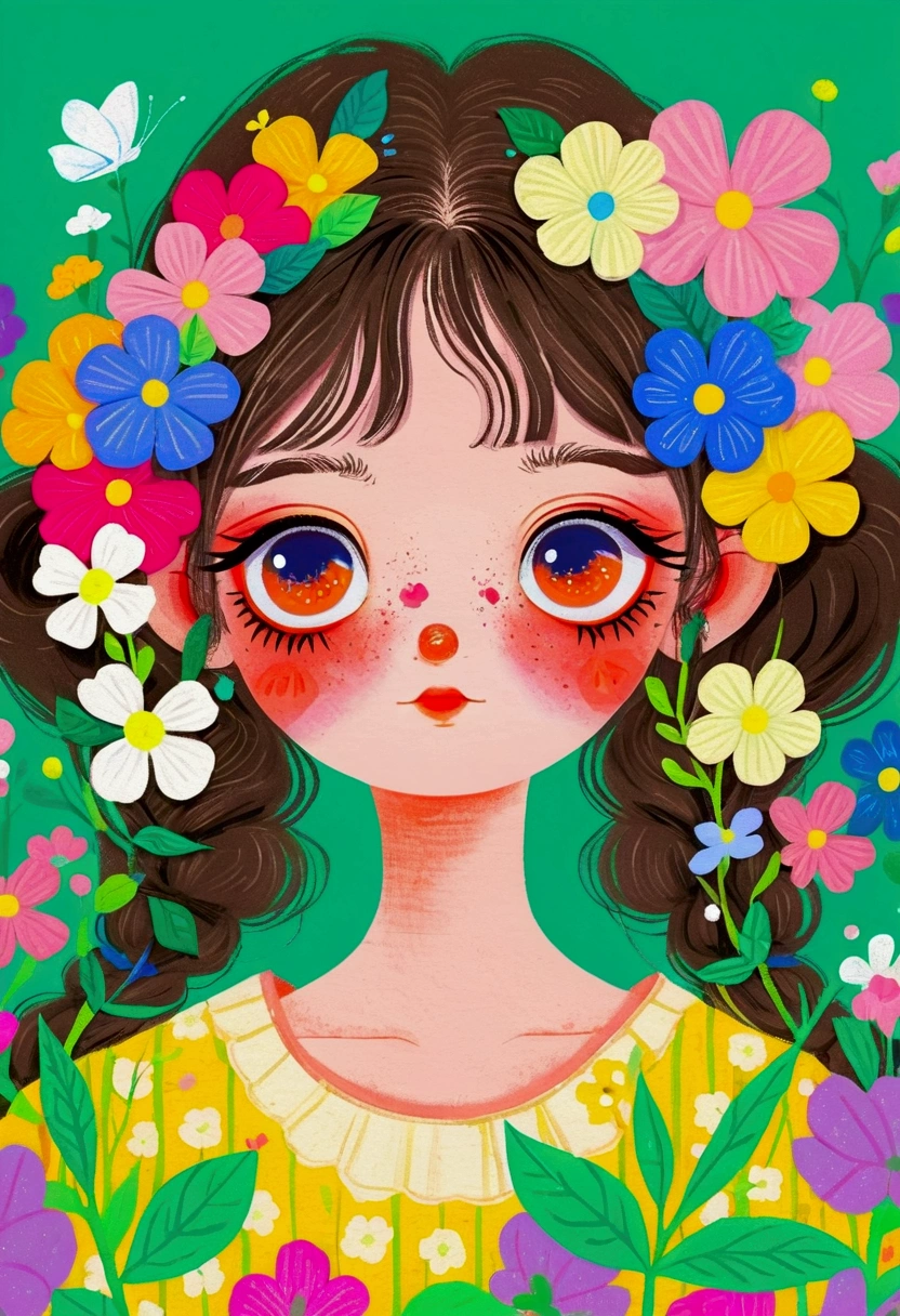A face full of flowers、Illustration of a cute little girl, big eyes,Two pigtails,The Art of Mathematics ,Hot trends, The Art of Mathematics, 采用数码Illustration style, The Art of Mathematics. The Art of Mathematics illustration, Flowers covering eyes, Flower-faced girl, Cute illustrations, The breath of spring, Illustration Art, Illustration style, Drawn in a whimsical style