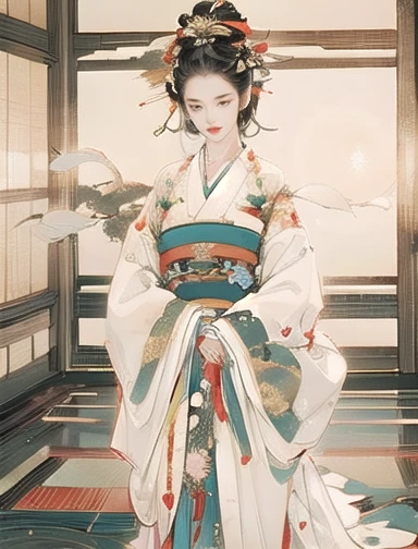 (8k, Highest quality, masterpiece),{practical, Original photo, Ultra-fine and transparent, image, practical Light, Delicate skin, (Beautiful slim woman, whole body, Age 25, Shrine maiden in white kimono:1.5), thin legs, Microparticles, Long Hair, Detailed fingers, thin, Expressions of Ecstasy, Dynamic sexy pose, No concealment,Beautiful views, (Wind and Sun:1.5),