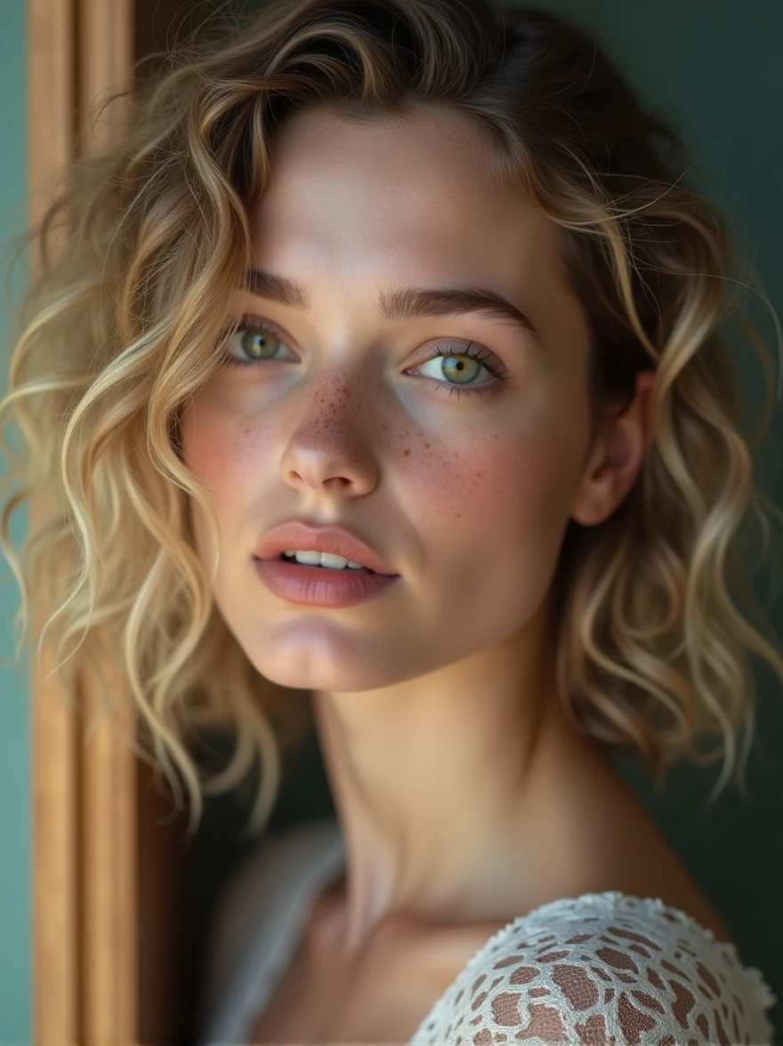 ((masterpiece, 8K, best quality, high resolution:1.3)), (a portrait of a beautiful 19-year-old woman with curly, dirty blonde hair:1.2), (her face is adorned with freckles:1.2), (her eyes are detailed and green:1.2), (her lips are detailed and subtly made up:1.2), (she is in a studio setting with vibrant colors:1.2), (the lighting is soft and flattering:1.2), (her expression is pensive and graceful:1.2), (her pose is elegant and feminine:1.2), (her features are delicate and refined:1.2), (her makeup is subtle and enhances her natural beauty:1.2), (the photo has a bokeh effect with a shallow depth of field:1.2), (she has a subtle smile and rosy cheeks:1.2), (the overall feel is airy and artistic:1.2), (Canon EOS 5DS R camera, perfect for capturing the detail and beauty of the scene:1.2), (paired with the Canon EF 85mm f/1.4L IS USM lens:1.2), (the scene is illuminated with soft, studio lighting:1.2), (her serene and thoughtful expression showcasing her natural elegance:1.2), (a moment frozen in time, capturing the essence of youthful beauty and grace:1.3), (ultra photorealistic, highlighting her features and the artistic studio setting:1.3), (an image that transports viewers to a captivating and serene moment:1.2), (a scene that exemplifies the beauty of a young woman in a refined setting:1.2), Cinematic, Hyper-detailed, insane details, Beautifully color graded, Cinematic Lightning, Insanely detailed and intricate, Hyper maximalist, Volumetric, Full color, HDR, shallow depth of field, high budget Hollywood film, cinemascope, moody, epic, gorgeous