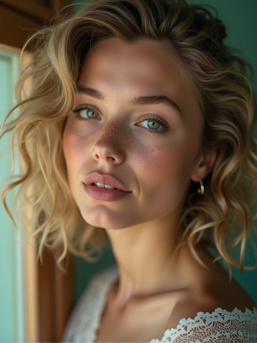((masterpiece, 8K, best quality, high resolution:1.3)), (a portrait of a beautiful 19-year-old woman with curly, dirty blonde hair:1.2), (her face is adorned with freckles:1.2), (her eyes are detailed and green:1.2), (her lips are detailed and subtly made up:1.2), (she is in a studio setting with vibrant colors:1.2), (the lighting is soft and flattering:1.2), (her expression is pensive and graceful:1.2), (her pose is elegant and feminine:1.2), (her features are delicate and refined:1.2), (her makeup is subtle and enhances her natural beauty:1.2), (the photo has a bokeh effect with a shallow depth of field:1.2), (she has a subtle smile and rosy cheeks:1.2), (the overall feel is airy and artistic:1.2), (Canon EOS 5DS R camera, perfect for capturing the detail and beauty of the scene:1.2), (paired with the Canon EF 85mm f/1.4L IS USM lens:1.2), (the scene is illuminated with soft, studio lighting:1.2), (her serene and thoughtful expression showcasing her natural elegance:1.2), (a moment frozen in time, capturing the essence of youthful beauty and grace:1.3), (ultra photorealistic, highlighting her features and the artistic studio setting:1.3), (an image that transports viewers to a captivating and serene moment:1.2), (a scene that exemplifies the beauty of a young woman in a refined setting:1.2), Cinematic, Hyper-detailed, insane details, Beautifully color graded, Cinematic Lightning, Insanely detailed and intricate, Hyper maximalist, Volumetric, Full color, HDR, shallow depth of field, high budget Hollywood film, cinemascope, moody, epic, gorgeous