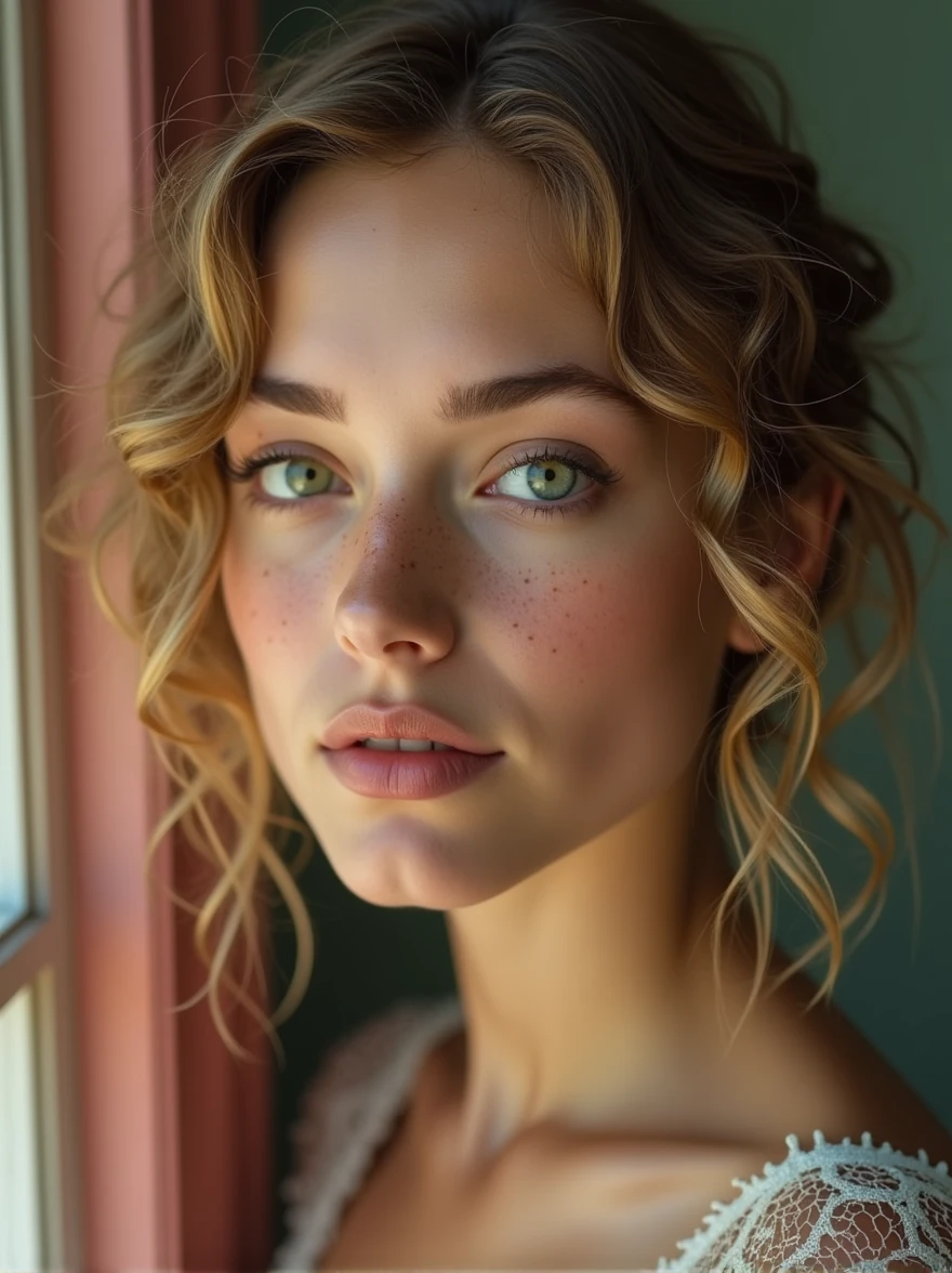 ((masterpiece, 8K, best quality, high resolution:1.3)), (a portrait of a beautiful 19-year-old woman with curly, dirty blonde hair:1.2), (her face is adorned with freckles:1.2), (her eyes are detailed and green:1.2), (her lips are detailed and subtly made up:1.2), (she is in a studio setting with vibrant colors:1.2), (the lighting is soft and flattering:1.2), (her expression is pensive and graceful:1.2), (her pose is elegant and feminine:1.2), (her features are delicate and refined:1.2), (her makeup is subtle and enhances her natural beauty:1.2), (the photo has a bokeh effect with a shallow depth of field:1.2), (she has a subtle smile and rosy cheeks:1.2), (the overall feel is airy and artistic:1.2), (Canon EOS 5DS R camera, perfect for capturing the detail and beauty of the scene:1.2), (paired with the Canon EF 85mm f/1.4L IS USM lens:1.2), (the scene is illuminated with soft, studio lighting:1.2), (her serene and thoughtful expression showcasing her natural elegance:1.2), (a moment frozen in time, capturing the essence of youthful beauty and grace:1.3), (ultra photorealistic, highlighting her features and the artistic studio setting:1.3), (an image that transports viewers to a captivating and serene moment:1.2), (a scene that exemplifies the beauty of a young woman in a refined setting:1.2), Cinematic, Hyper-detailed, insane details, Beautifully color graded, Cinematic Lightning, Insanely detailed and intricate, Hyper maximalist, Volumetric, Full color, HDR, shallow depth of field, high budget Hollywood film, cinemascope, moody, epic, gorgeous