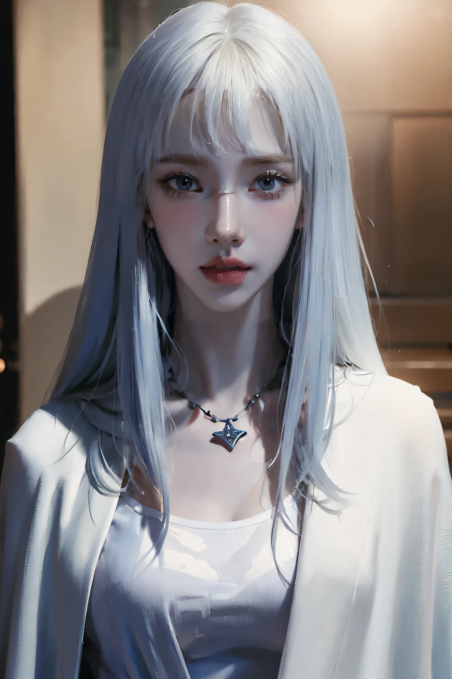 Close-up of a woman with tattoos on her chest, girl, Short white hair with bangs, Black strands of hair, Purple eyes, White T-shirt and white cape, Pendant around the neck. 超High resolution.Photorealistic. 超High resolution.Photorealistic:1.4,超High resolution. Realistic，High resolutionで, masterpiece, Highest quality, Very detailed, Better Shadows, Volumetric lighting), super high quality, High resolution, 8k, Ultra-Realistic Portraits , Photorealistic, Dynamic Lighting, Volumetric lighting, Very detailed顔,(NSFW:0.8)