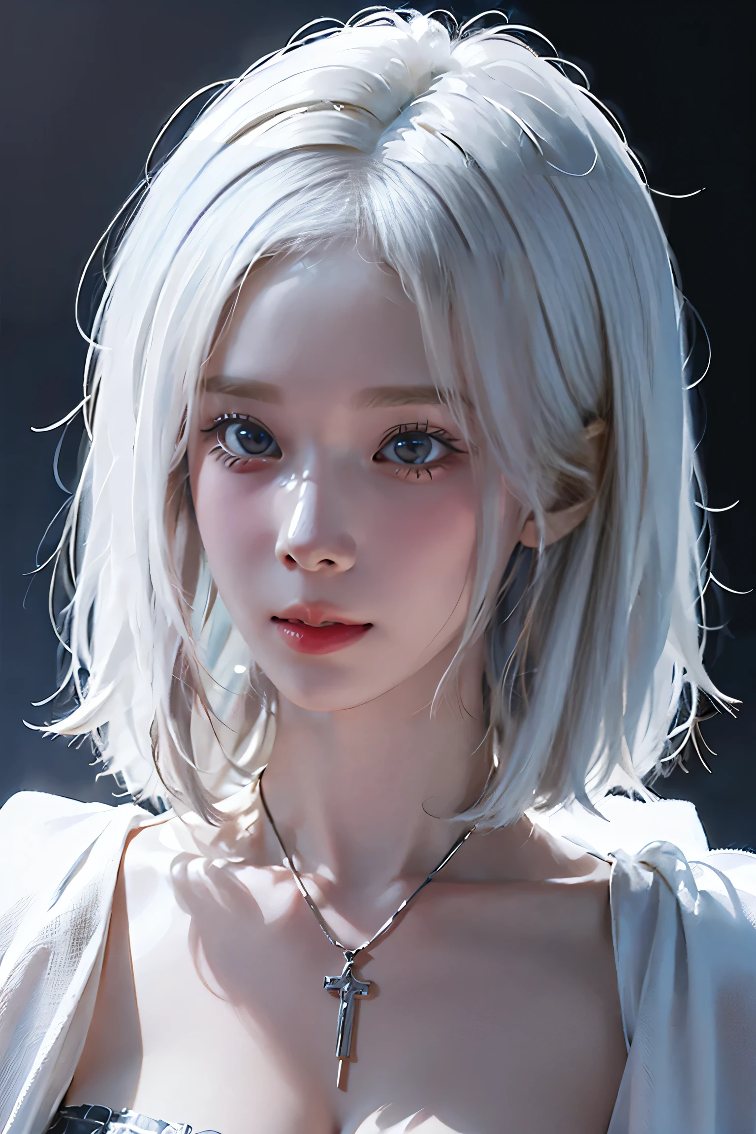 ((Close-up of a woman with tattoos on her chest)), girl, ((Short white hair with bangs, Black strands of hair)), Purple eyes, White T-shirt and white cape, Pendant around the neck. 超High resolution.Realistic. 超High resolution.Realistic:1.4,超High resolution. Realistic，High resolutionで, masterpiece, Highest quality, Very detailed, Better Shadows, Volumetric lighting), super high quality, High resolution, 8k, Ultra-Realistic Portraits , Realistic, Dynamic Lighting, Volumetric lighting, Very detailed顔,(Browsing Caution:0.8),Large Breasts