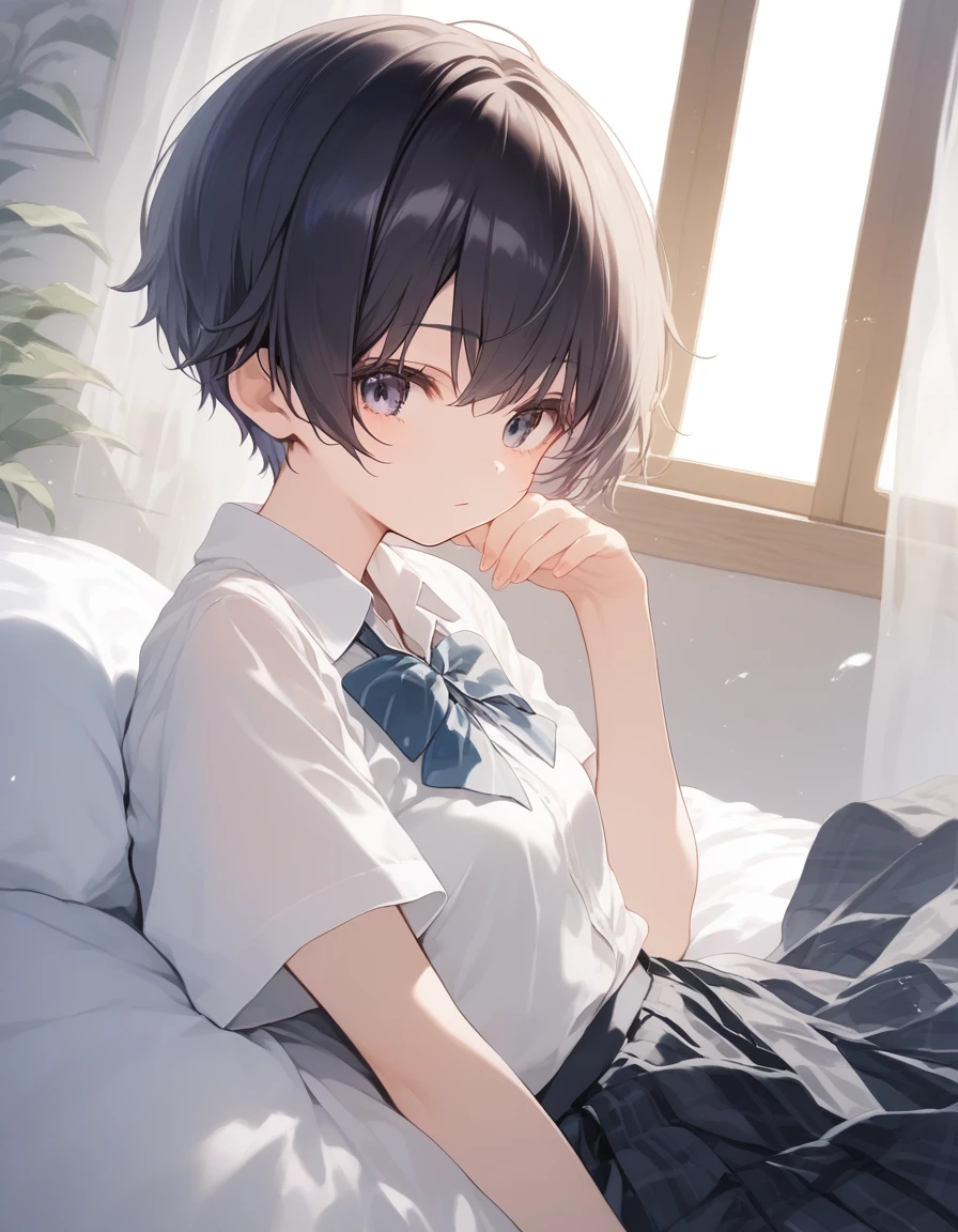 score_9, score_8_up, score_7_up, source_anime, best quality, masterpiece, official art, absurdres, highres, ultra-detailed,waifu2x,JAV Cover,break,1girl, tomboy, idol girl, school uniform, very short hair, pixie cut, small breasts, slender, beautiful detailed eyes, expressionless, sleepily, sexual pose, bed, indoors, break,(clear line illustration:1.2), super detailed skin,very high resolution, very aesthetic, Best sexual lighting powered by famous artist, 8k,cute picture, beauty illustration,photoshop_(medium),,(Detailed Lighting),best anime 8k konachan wallpaper, pixiv contest winner,