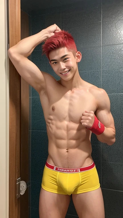 Japanese men、、Well-developed muscles and smooth skin、Shaved red hair、Relaxed and friendly smile、Light yellow boxer briefs、The whole body is visible from toes to head、Fist pump in the bathroom、