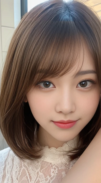 masutepiece, Best Quality, Illustration, Ultra-detailed, finely detail, hight resolution, 8K Wallpaper, Perfect dynamic composition, Beautiful detailed eyes, Women's Fashion Summer,Bob in Short, Marron Beige Hair, A little bigger, Natural Color Lip, Bold sexy poses, Smile, Harajuku, 20 years girl, Cute, Sexy shot looking at camera