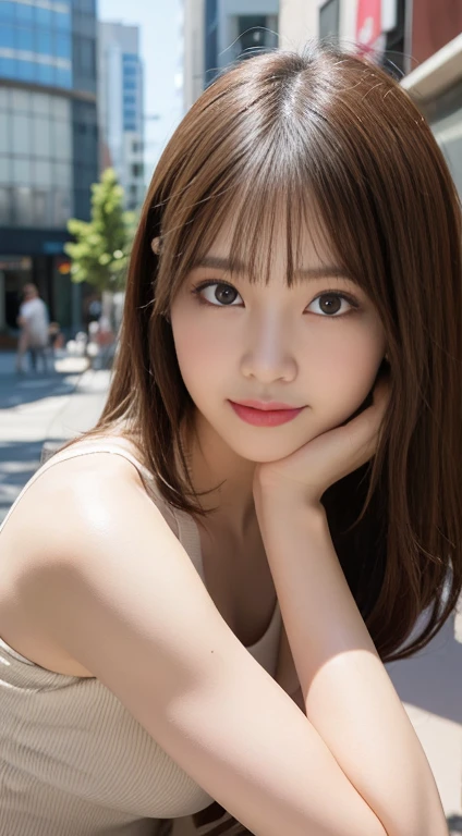 masutepiece, Best Quality, Illustration, Ultra-detailed, finely detail, hight resolution, 8K Wallpaper, Perfect dynamic composition, Beautiful detailed eyes, Women's Fashion Summer,Bob in Short, Marron Beige Hair, A little bigger, Natural Color Lip, Bold sexy poses, Smile, Harajuku, 20 years girl, Cute, Sexy shot looking at camera