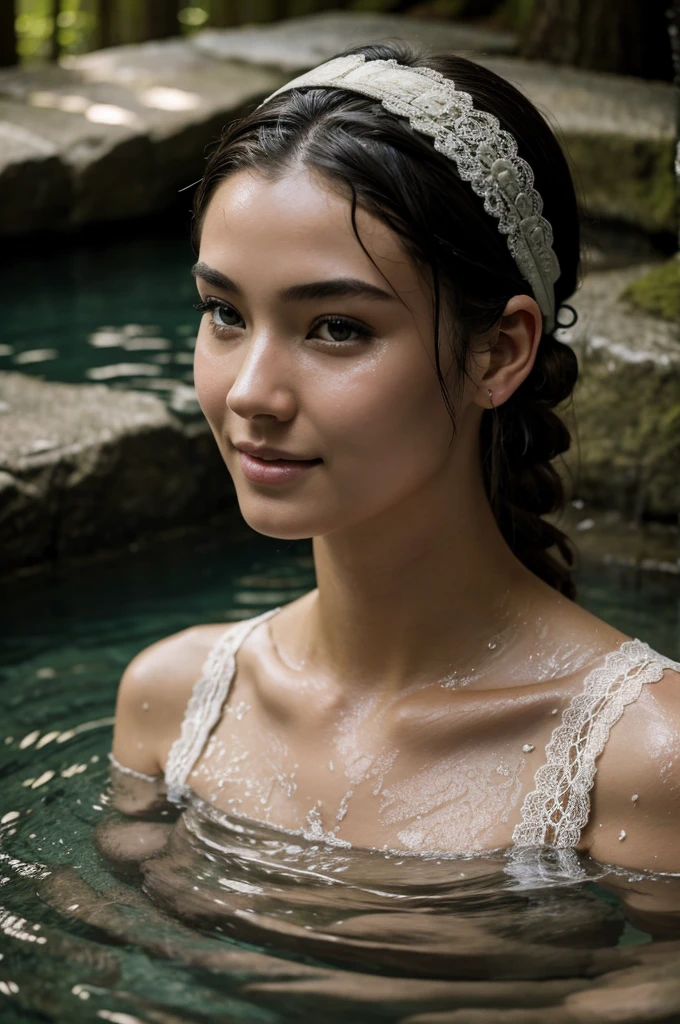 Best Quality, masterpiece, super high resolution, A super model submerged in hot springs in Japan., outdoor hot springs, stone hot springs, surrounded by moss and trees, super beautiful face, pure body, clear pores visible, (smile:0.8), using division (lace headband:1.2), (Realism:1.5), Photo original, soaked body, covered in sweat, bare shoulders, In the dark, deep shadows, low key, cold light