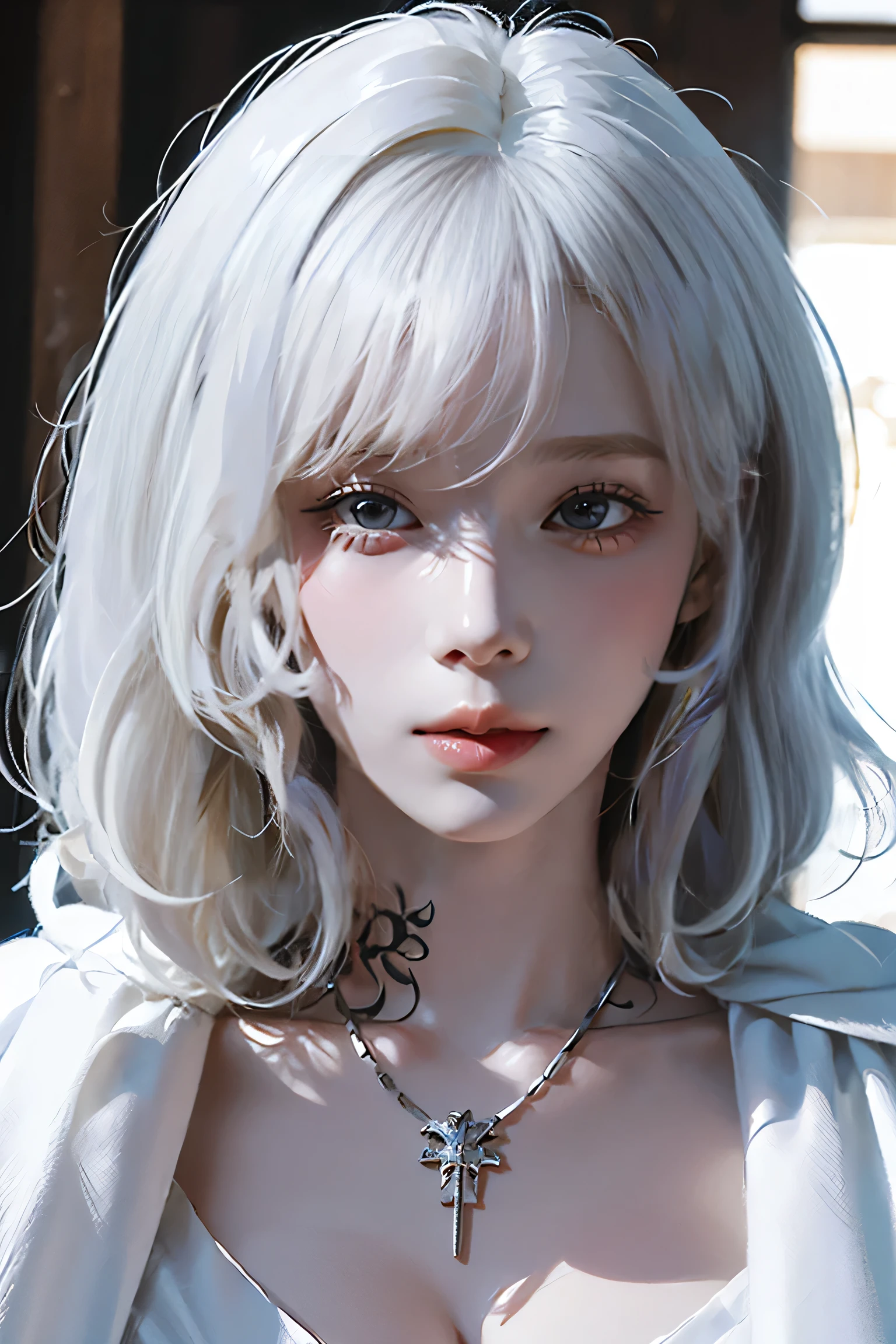 ((Close-up of a woman with tattoos on her chest)), girl, ((Short white hair with bangs, Black strands of hair)), Purple eyes, White T-shirt and white cape, Pendant around the neck. 超High resolution.Realistic. 超High resolution.Realistic:1.4,超High resolution. Realistic,High resolutionで, masterpiece, Highest quality, Very detailed, Better Shadows, Volumetric lighting), super high quality, High resolution, 8k, Ultra-Realistic Portraits , Realistic, Dynamic Lighting, Volumetric lighting, Very detailed顔,(Browsing Caution:0.8),Large Breasts