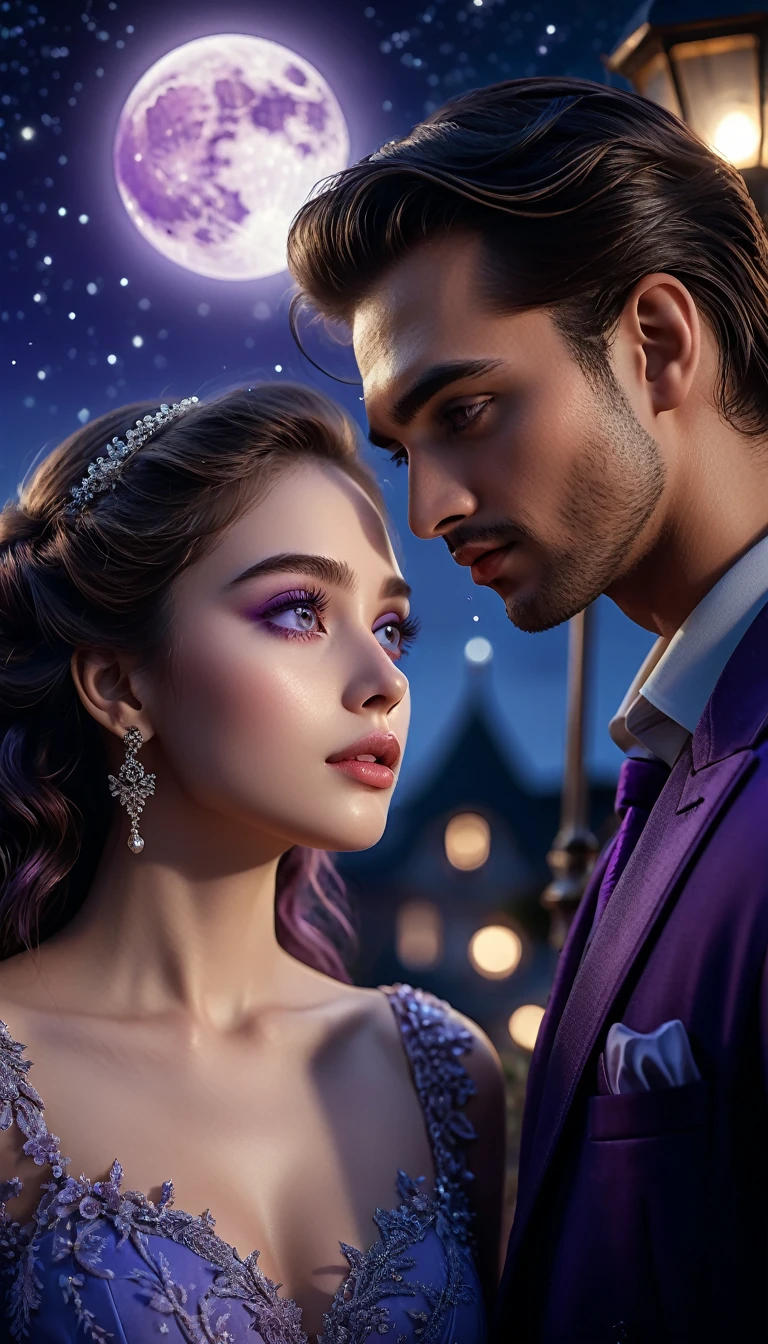 a romantic moonlit night,a couple confessing their love under the stars,beautiful detailed eyes,beautiful detailed lips,extremely detailed eyes and face,longeyelashes,gorgeous detailed dress,romantic pose,dreamlike atmosphere,(best quality,4k,8k,highres,masterpiece:1.2),ultra-detailed,(realistic,photorealistic,photo-realistic:1.37),dramatic lighting,moody blue and purple tones,cinematic composition