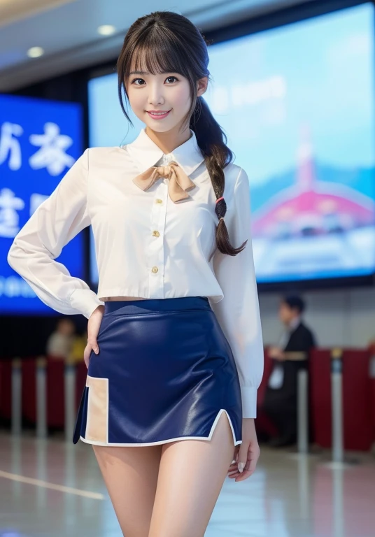 Very beautiful Japanese female stewardess、5、Perfect beauty、Perfect Style、smile、detail、(((stewardess costume))), (((mini skirt))), (hi-res: 1.1)), (((On the runway of an international airport))), (((Hair style: chignon))), looking at the camera、Cowboy Shot、Pantivisible, smile, Slim legs, Tightened ankle, Licking lips,((Perfect beauty)), ahegao, ((Milk is spilling out of the mouth)), Camel Toe,
