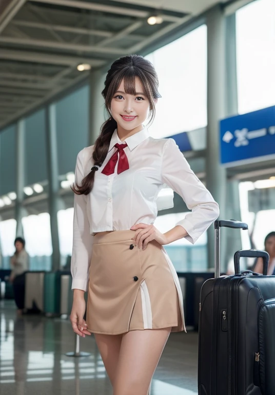 Very beautiful Japanese female stewardess、Age 25、Perfect beauty、Perfect Style、smile、detail、(((stewardess costume))), (((mini skirt))), (hi-res: 1.1)), (((On the runway of an international airport))), (((Hair style: chignon))), looking at the camera、Cowboy Shot、Panties are visible, smile, Slim legs, Tightened ankle, Licking lips,((Perfect beauty)), ahegao, ((Milk is spilling out of the mouth)), Camel Toe,