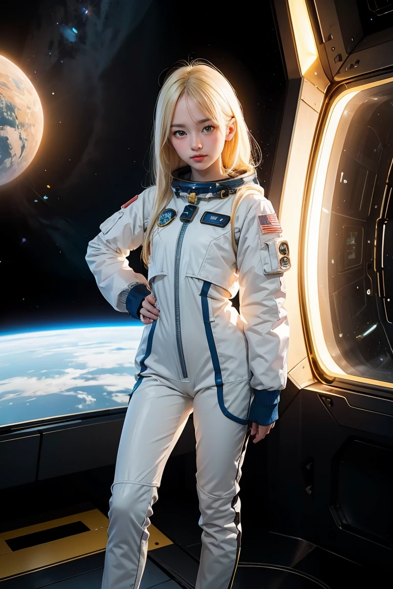 (young girl, 12 years old, blond hair, photorealistic, pale skin), (yellow (eyes:1.2)), (slim build:1.3), (fantasy space suit), beautiful face, symmetrical face, Greg Rutkowski, wlop and Sam Kuvshinov, (long hair), blond eyelashes, large iris, large pupil, full body, standing on the background of the cosmodrome, artstation, 8k, science fiction, pastel colors, props, panel, concept, futuristic, gribble, simon stalenhag, space, in outer space, a spaceship in the sky, technological blocks