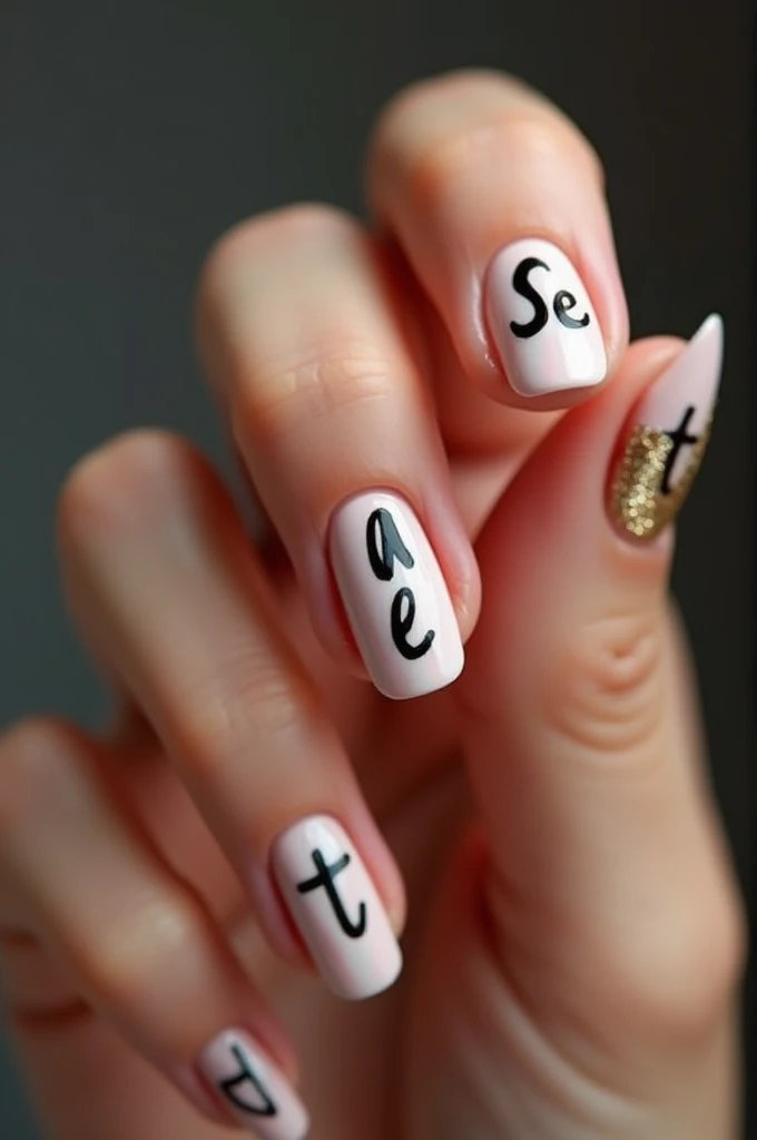 beautiful woman's fingertips, nails decorated with manicure, "se" on the index finger, "aa" on the middle finger, "t" on the ring finger, and "t" on the pinky finger, (ultra detailed, absolutely resolution, best quality:1.3), 2.5D, delicate and dynamic, artistic photography, hyper realistic, graphic CG digital art