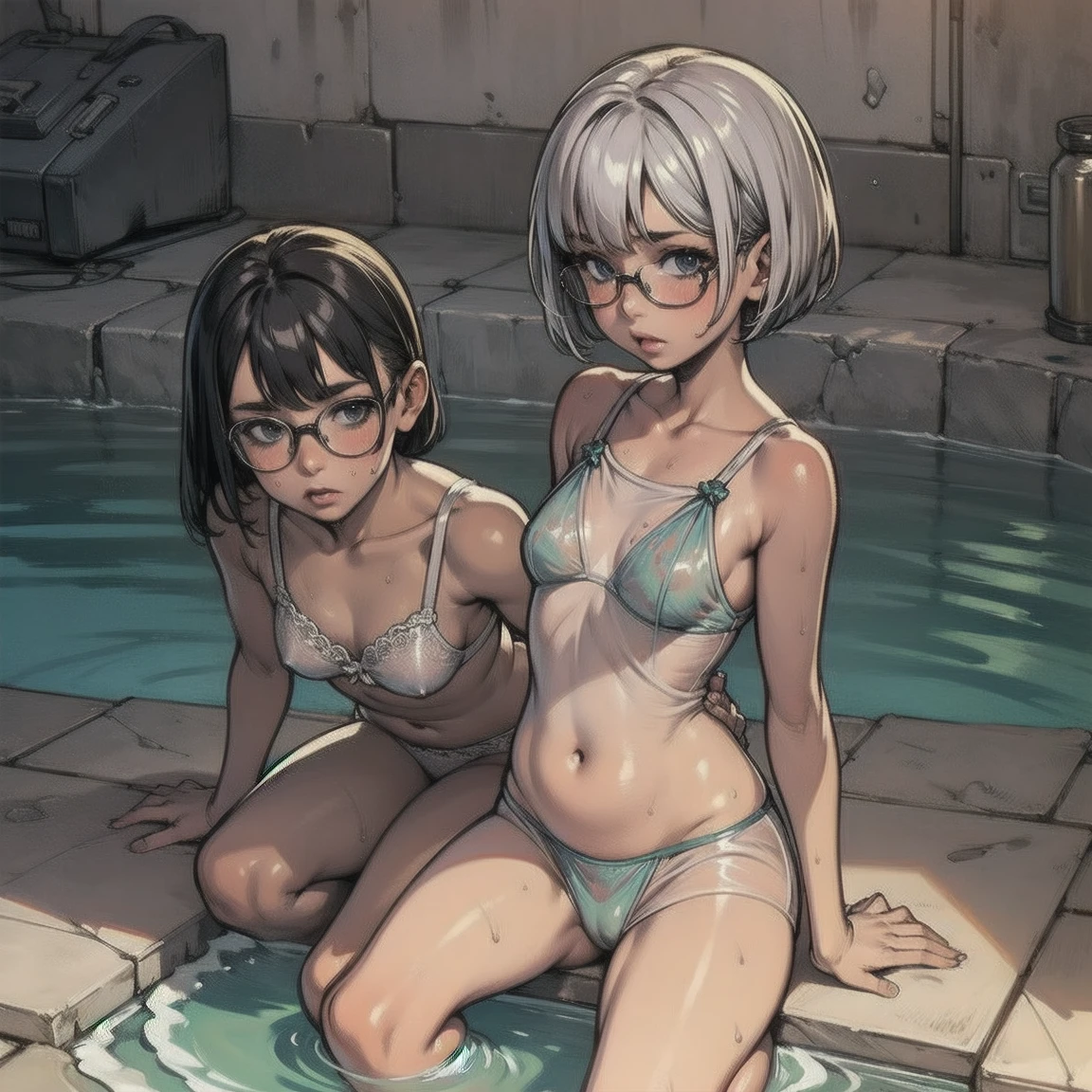 masterpiece,best quality,(12 years old:1.2),young girl,See-through,Silver Theme,Glasses,Short Hair,flat breasts