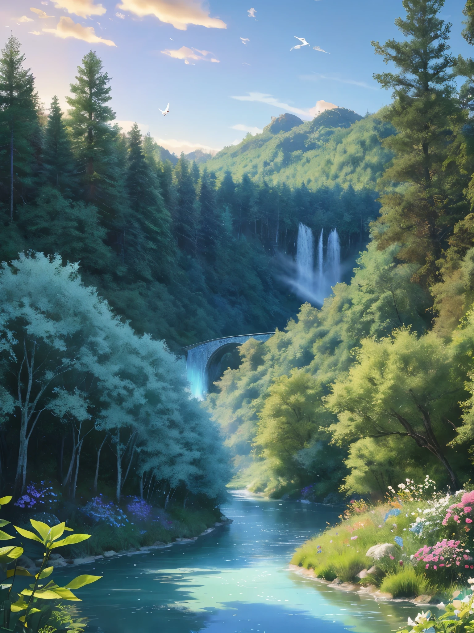 masterpiece, 最high quality, high quality,Very detailed CG unity 8k wallpaper, Enchanting and dreamy fantasy forest scenery, Seven-Colored Garden, Valley of the Fairies with a River Flowing Through It, Mysterious and fascinating, Sky Blue Sky, White dove flies, Complex, sunset, pastel colour, Award-winning photography, Written boundary depth, High resolution, bloom, chromatic aberration ,Realistic,Very detailed, White cloud, Trending on CGSociety, Complex, Attention to detail, dramatic, art:The middle of a journey