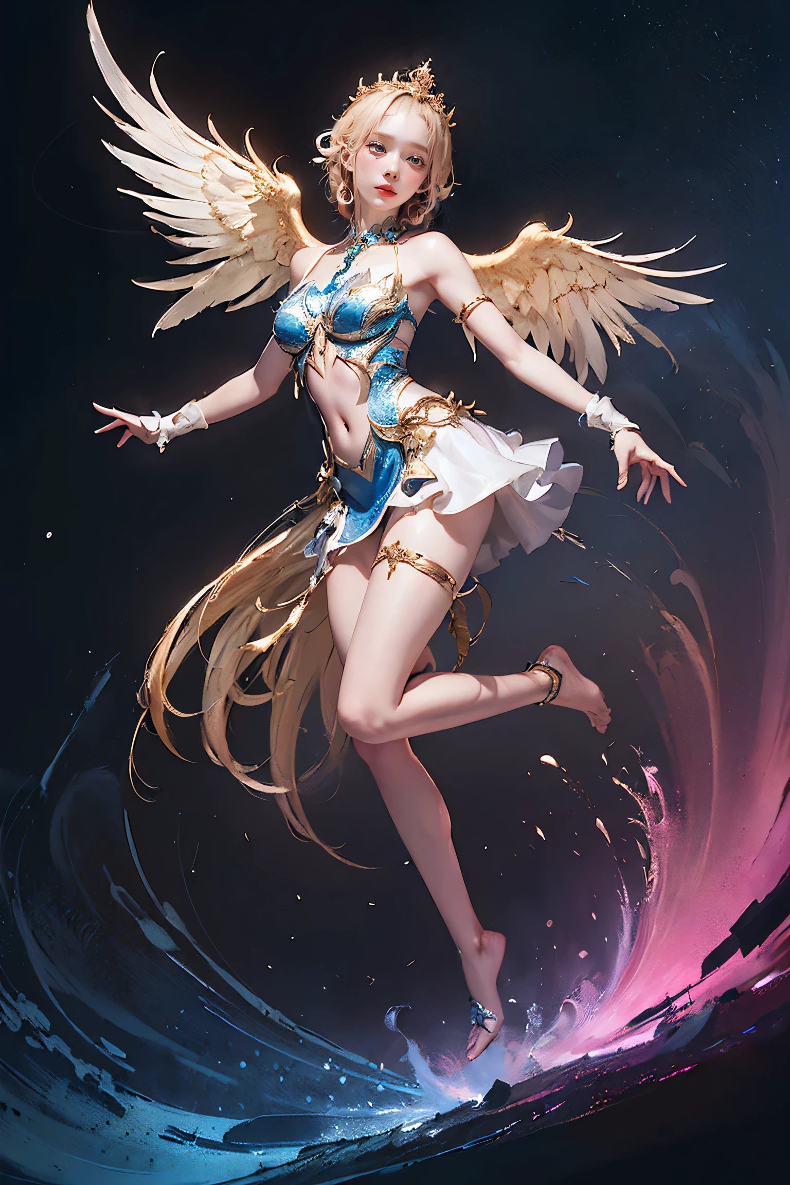 (Dynamic Angle:1.4), ((Full body pose:1.5), (colorful:1.2), (Highly detailed CG Unity 16k wallpaper:1.1), (Noise reduction strength: 1.45), (tmasterpiece:1.37), ((Official Art)), (colorful:1.2), The whole body is golden, Floating in the air, yes、Big Wings, God's Rays, Shine, Shine光, ((masterpiece)), ((Highest quality)), Ultra-high resolution, Awards