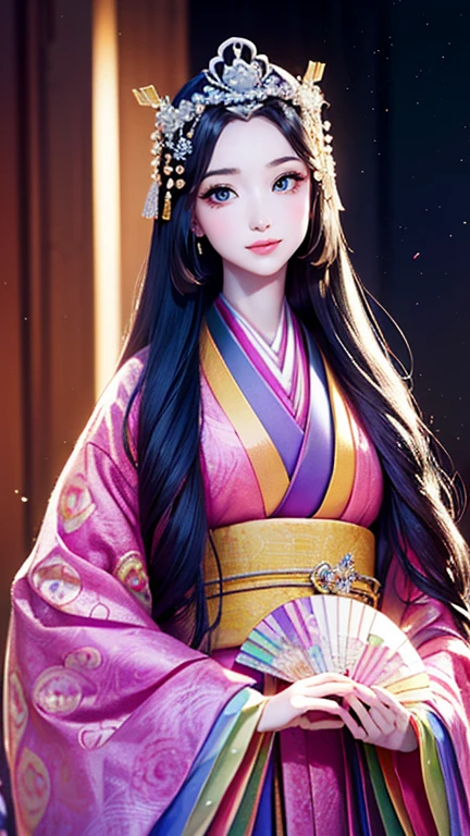 (Highest quality、 8k 、masterpiece、High resolution)、Heian period、A beautiful young woman from the nobility、、(Straight hair、Long, beautiful black hair)，(Beautiful Face、Beautiful eyes、A neat nose、Pretty lips)、A friendly gaze、Faint smile、(Silver、gem、Ivory hairpin、Headdress)、(12 Single layer kimono、Mainly light pink　Many colors　Vibrant colors　The beauty of layered colors)，背景はHeian periodの建物、Official Art、Detailed CG、